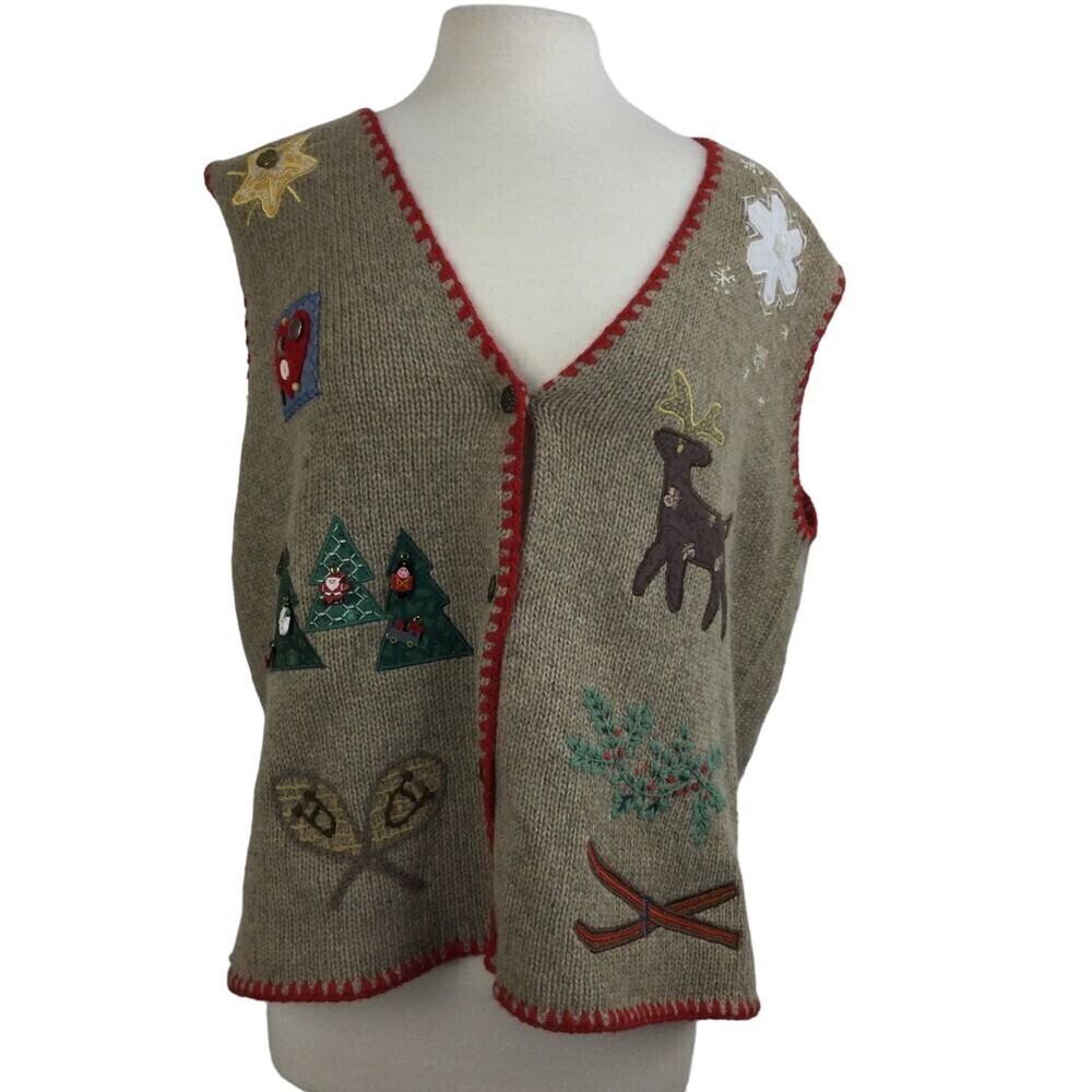 Orvis Womens Wool Christmas Patch Button Down Cardigan Sweater Vest Size L